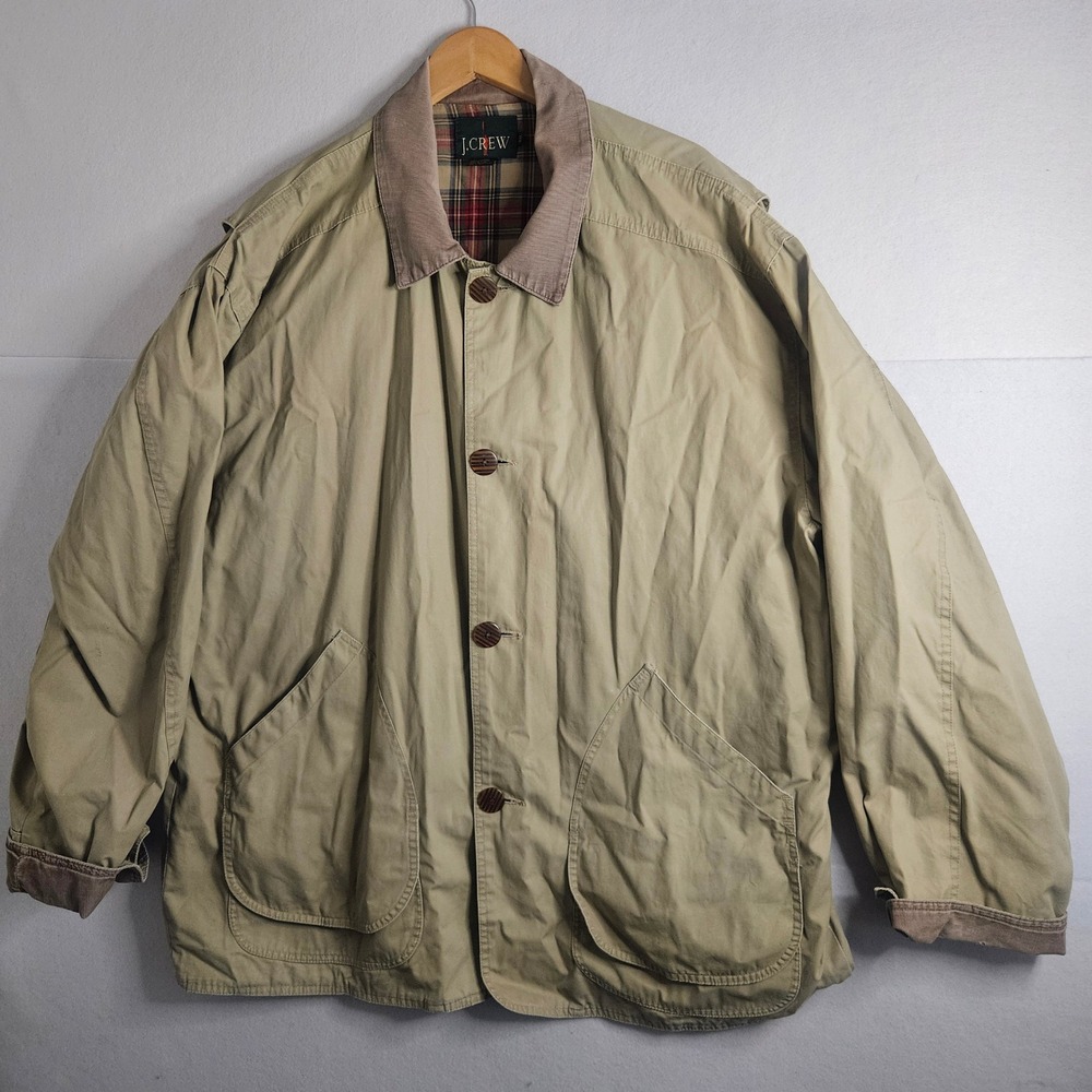 Vintage J.Crew Barn Jacket Tan Cotton Canvas Plaid Lined Corduroy XXL Mens Coat